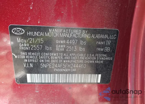 2015 Hyundai Sonata Se from USA, damaged, VIN 5NPE24AF5FH244460